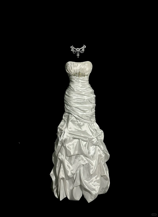 Vestido de novia vintage estilo sirena, escote corazón, color marfil, largo hasta el suelo, estilo minimalista, DP1840