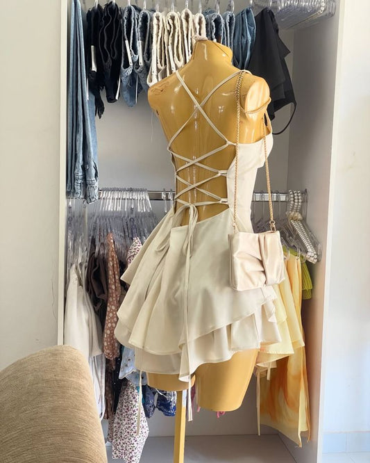 Vestido corto de satén con tirantes finos, corte A, para cumpleaños, para verano, para 18.º cumpleaños, minivestido de cóctel DP1842