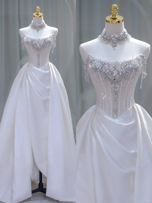 Hermoso vestido de novia, vestido de fiesta, sin tirantes, blanco, largo, vestidos de novia minimalistas DP1841