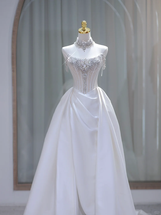 Hermoso vestido de novia, vestido de fiesta, sin tirantes, blanco, largo, vestidos de novia minimalistas DP1841
