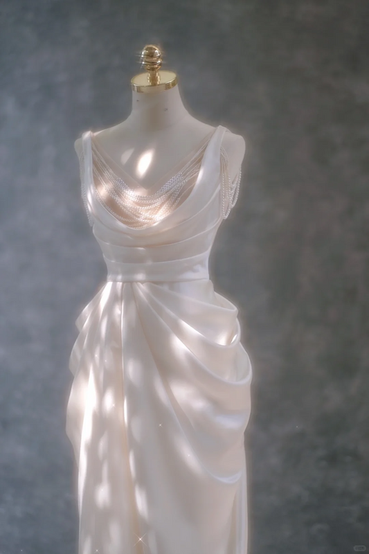 Vestido de novia vintage estilo sirena, escote en V, color marfil, largo hasta el suelo, estilo minimalista, DP1842