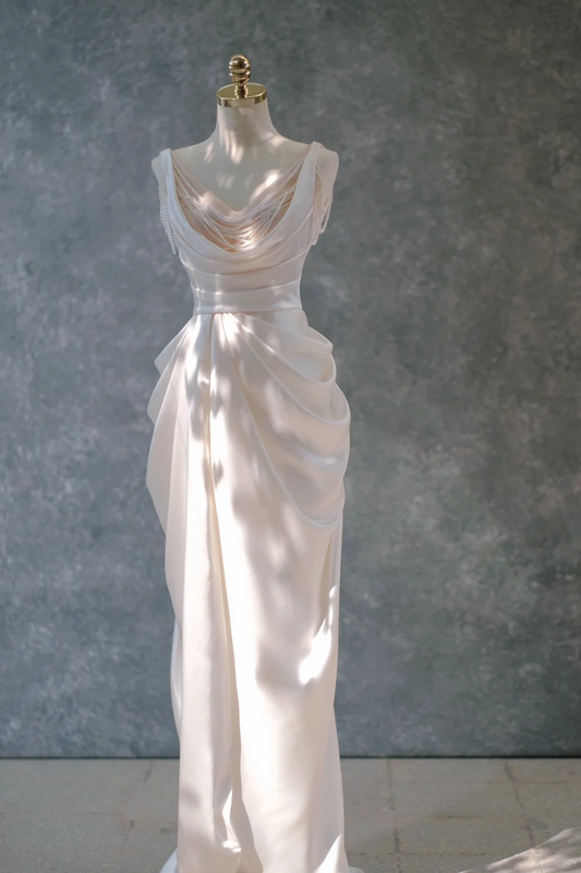 Vestido de novia vintage estilo sirena, escote en V, color marfil, largo hasta el suelo, estilo minimalista, DP1842