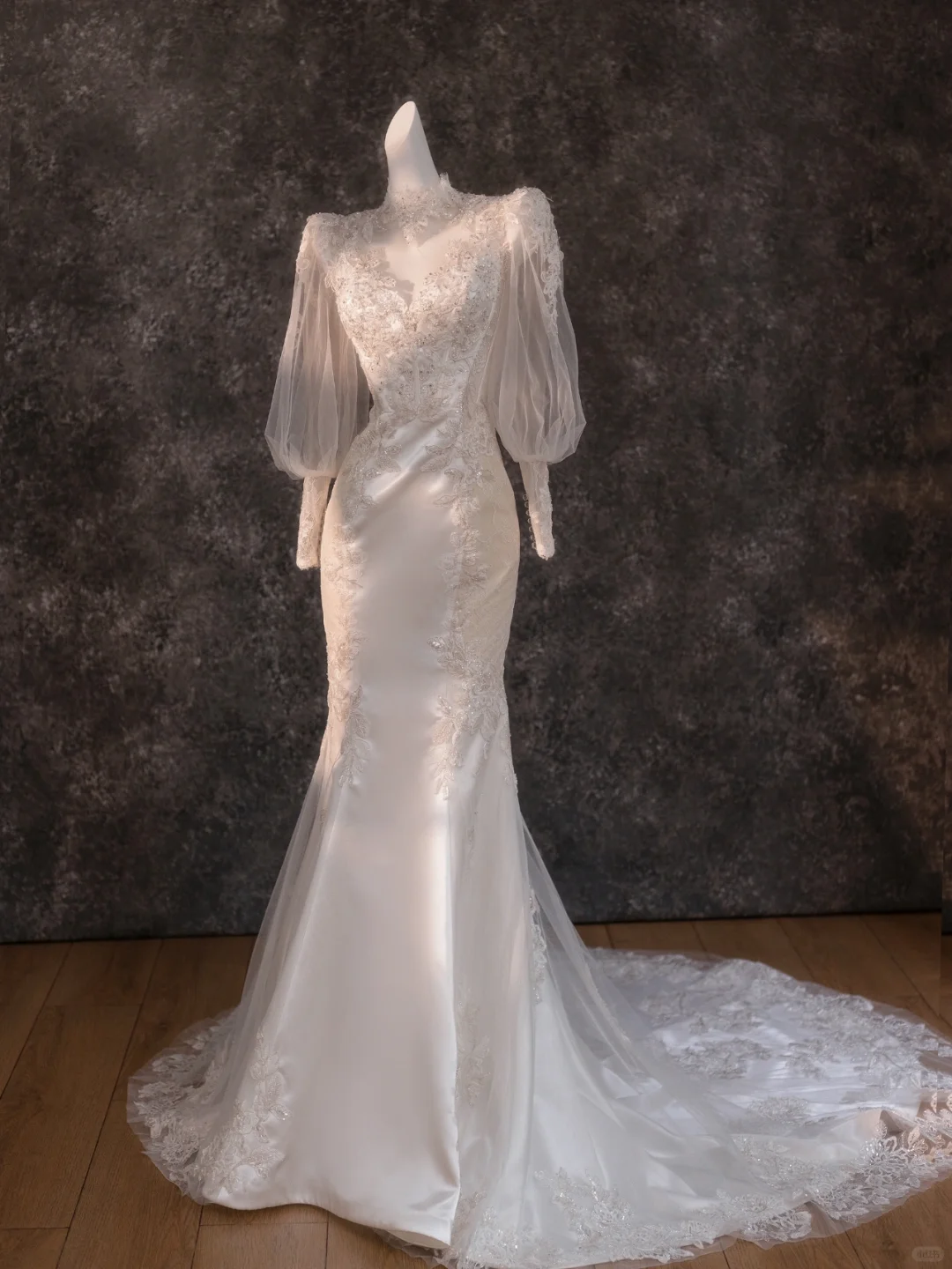 Vestido de novia retro de sirena, cuello alto, encaje, mangas largas, blanco, DP1848