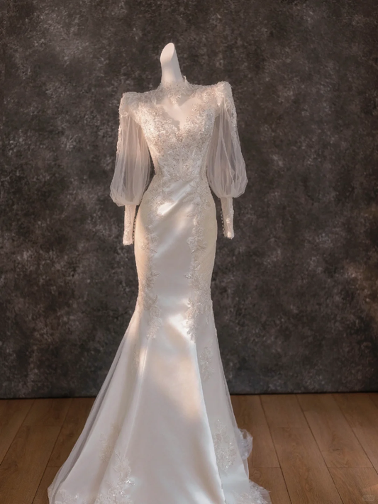 Vestido de novia retro de sirena, cuello alto, encaje, mangas largas, blanco, DP1848