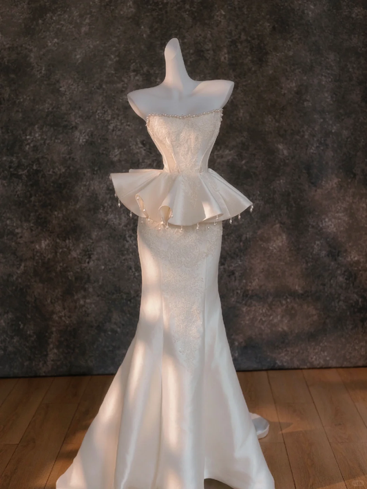 Vestido de novia retro de sirena sin tirantes, largo de satén color marfil, DP1849