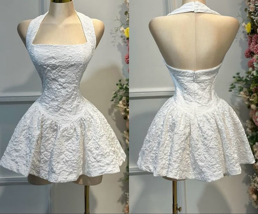 Vestido de fiesta blanco con cuello halter y encaje para verano, minivestido de cóctel para 18 cumpleaños, DP1851