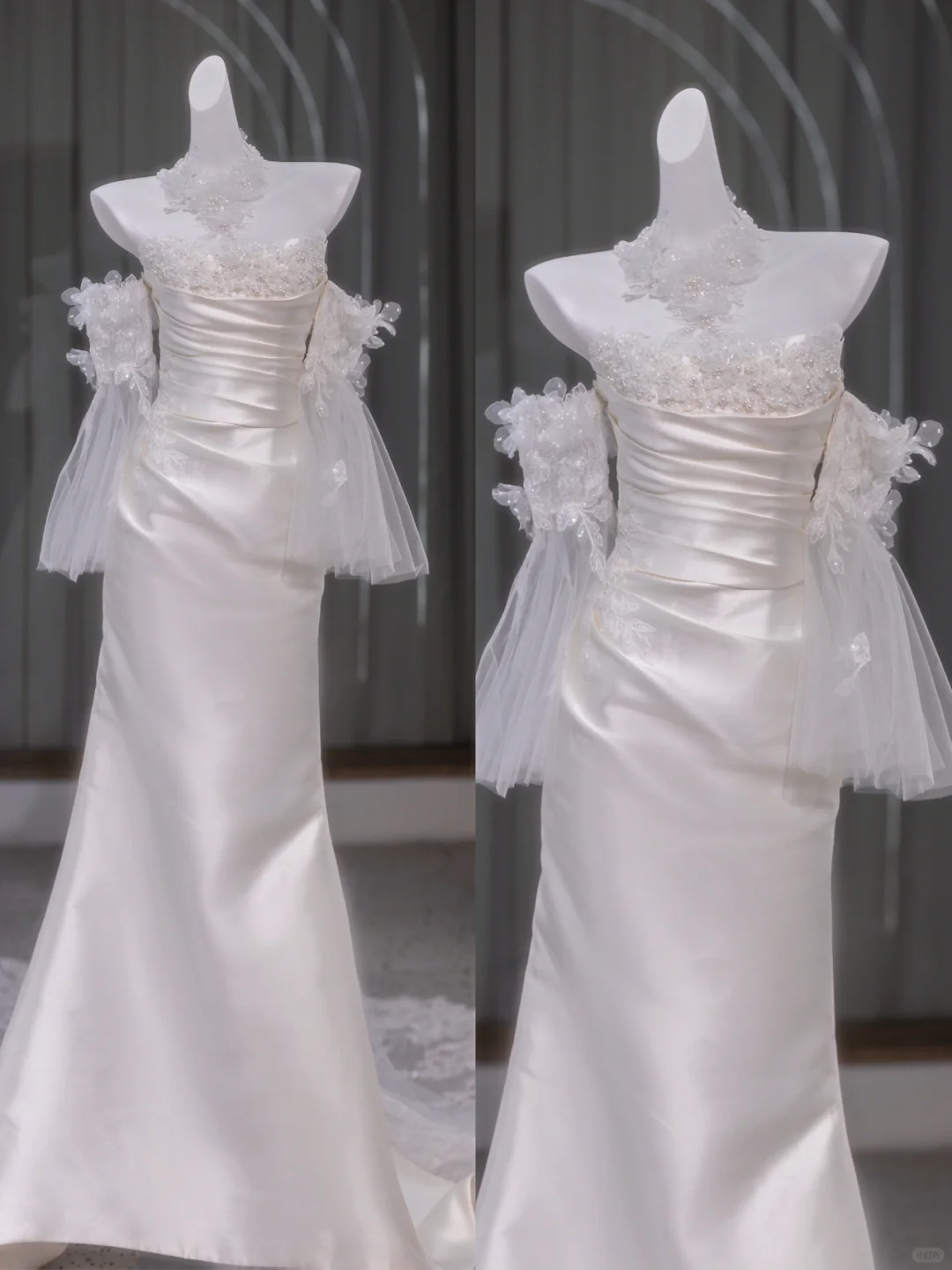 Vestido de novia retro de sirena sin tirantes, largo de satén blanco con flores, DP1852