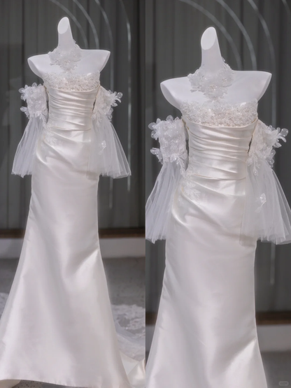 Vestido de novia retro de sirena sin tirantes, largo de satén blanco con flores, DP1852