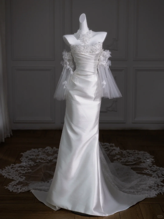 Vestido de novia retro de sirena sin tirantes, largo de satén blanco con flores, DP1852