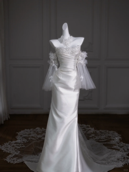 Vestido de novia retro de sirena sin tirantes, largo de satén blanco con flores, DP1852