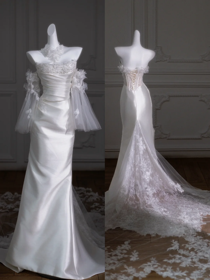 Vestido de novia retro de sirena sin tirantes, largo de satén blanco con flores, DP1852