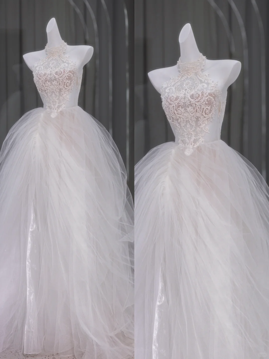 Vestido de novia modesto, de cuello alto, con encaje, largo, blanco, DP1854