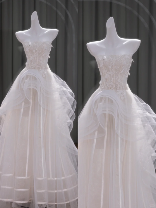 Hermoso vestido de novia largo blanco de tul con encaje y sin tirantes DP1855