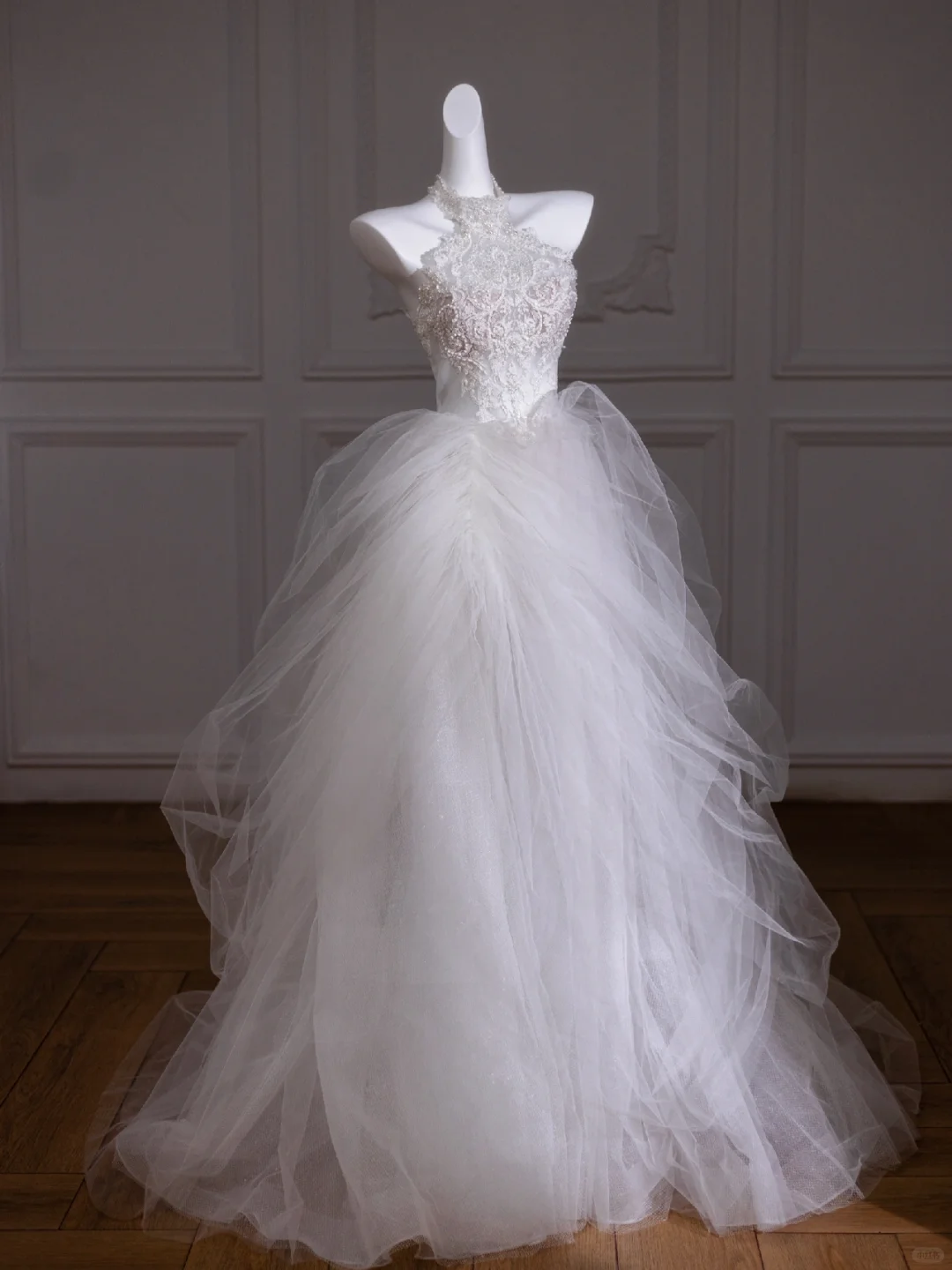 Vestido de novia modesto, de cuello alto, con encaje, largo, blanco, DP1854