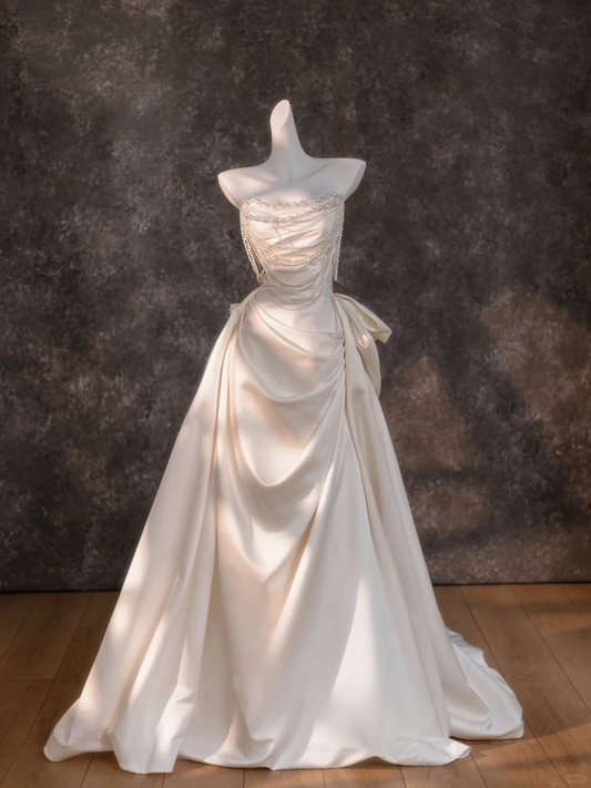 Hermoso vestido de novia largo, sin tirantes, de satén color marfil, DP1858