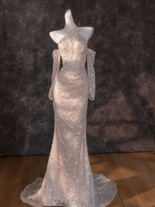 Vestido de novia retro de sirena, cuello alto, lentejuelas, manga larga, blanco, DP1862
