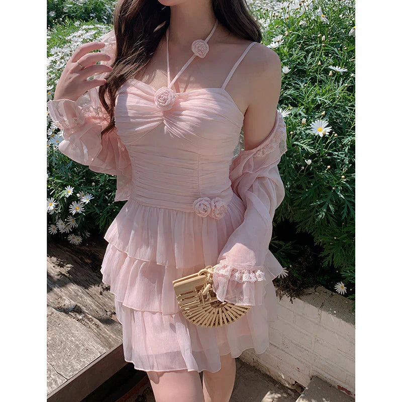 Vestido corto de verano de gasa rosa con corte en A para fiesta de bienvenida, minivestido para cumpleaños número 18, vestido de cóctel DP1862