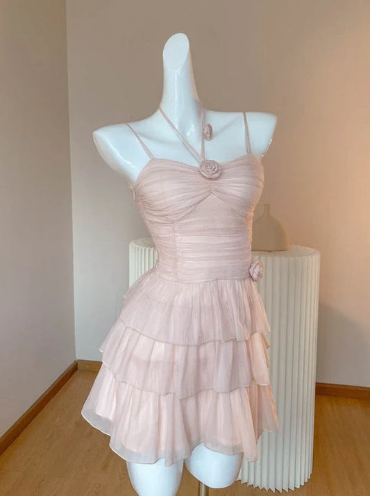 Vestido corto de verano de gasa rosa con corte en A para fiesta de bienvenida, minivestido para cumpleaños número 18, vestido de cóctel DP1862