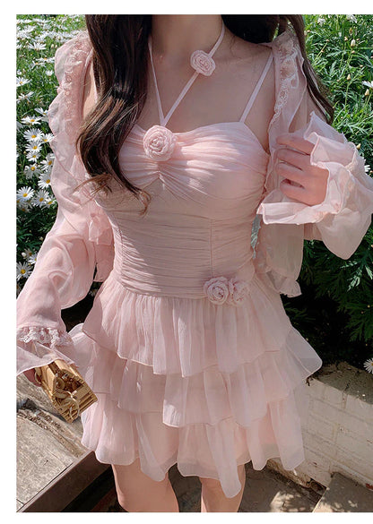 Vestido corto de verano de gasa rosa con corte en A para fiesta de bienvenida, minivestido para cumpleaños número 18, vestido de cóctel DP1862