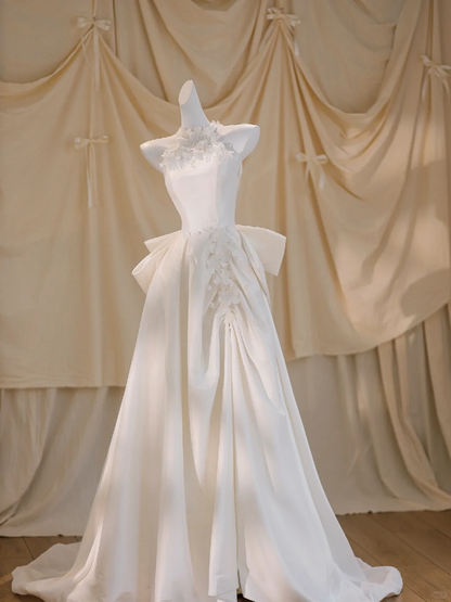 Hermoso vestido de novia largo color marfil, cuello alto, satén, DP1863