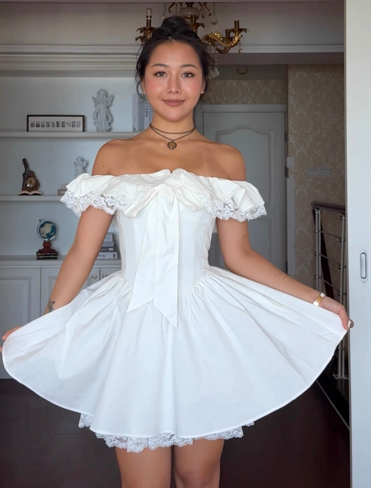 Vestido de fiesta blanco de encaje con hombros descubiertos para verano, minivestido de cóctel para 18 cumpleaños, DP1865
