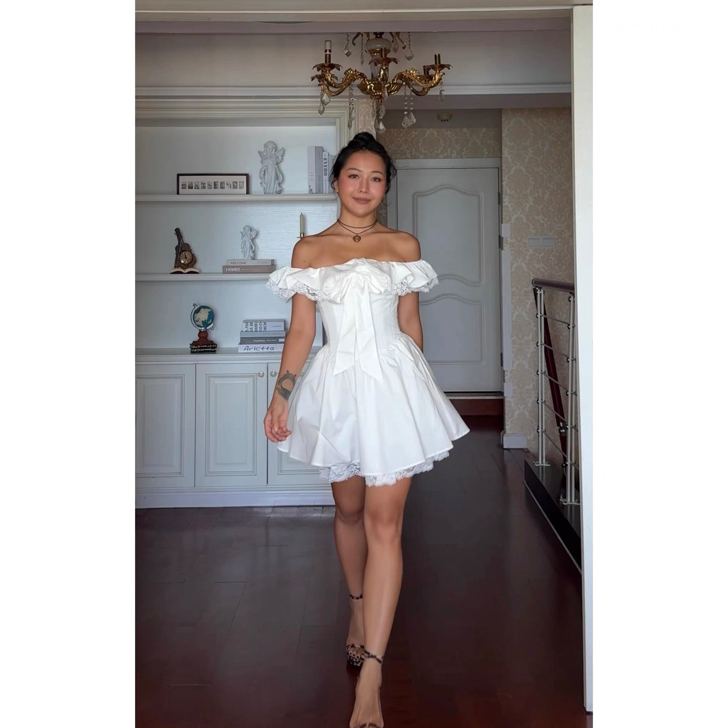 Vestido de fiesta blanco de encaje con hombros descubiertos para verano, minivestido de cóctel para 18 cumpleaños, DP1865