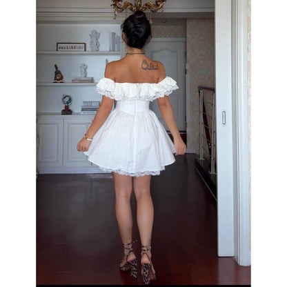 Vestido de fiesta blanco de encaje con hombros descubiertos para verano, minivestido de cóctel para 18 cumpleaños, DP1865