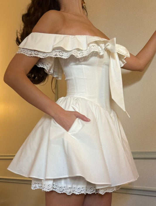 Vestido de fiesta blanco de encaje con hombros descubiertos para verano, minivestido de cóctel para 18 cumpleaños, DP1865