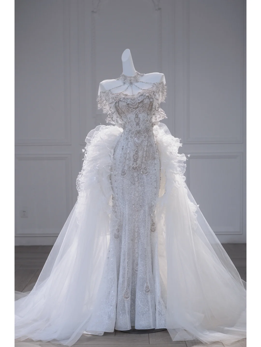 Vestido de novia retro de sirena, sin tirantes, con lentejuelas y cola larga, blanco, DP1866