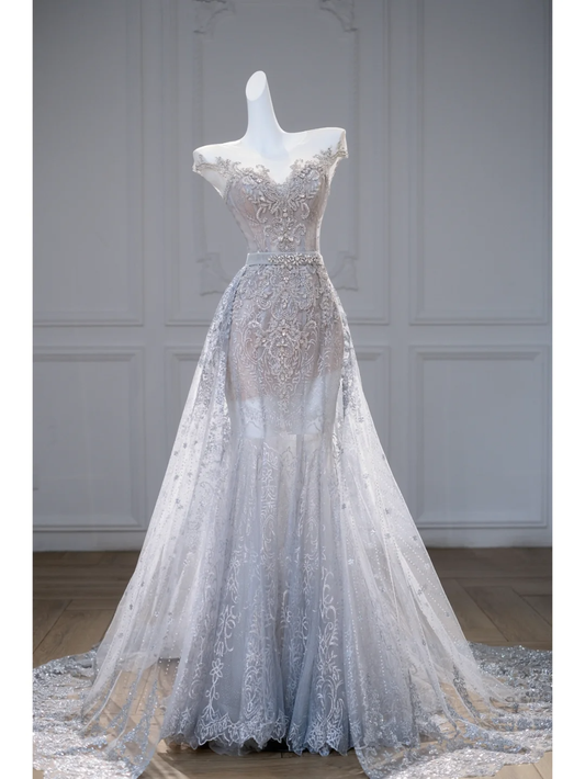 Vestido de novia sexy de sirena con lentejuelas y cuentas, largo plateado, con cola, DP1867