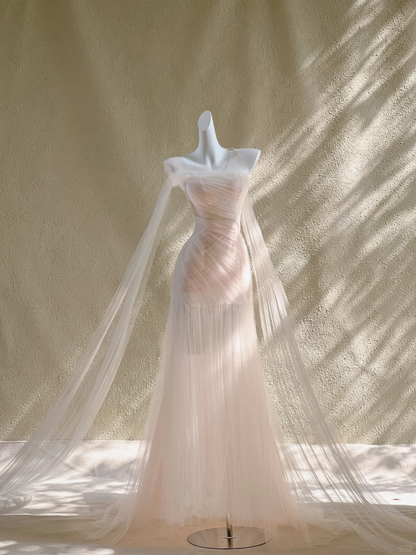 Vestido de novia sencillo de sirena sin tirantes, de tul, largo, para verano, DP1868