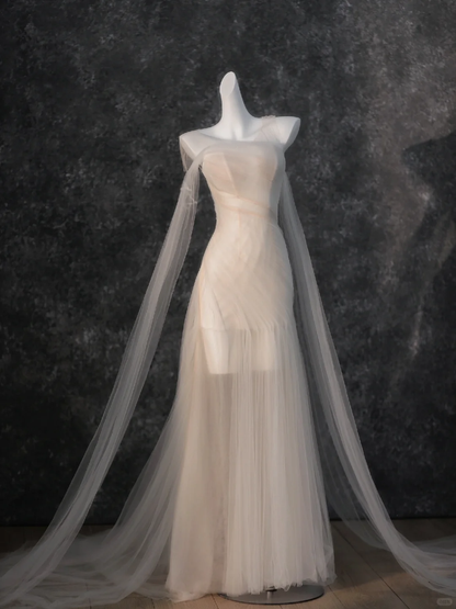 Vestido de novia sencillo de sirena sin tirantes, de tul, largo, para verano, DP1868