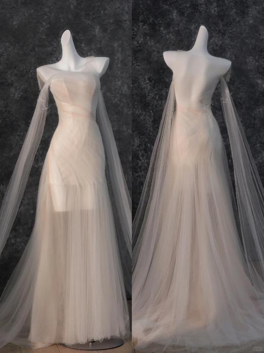 Vestido de novia sencillo de sirena sin tirantes, de tul, largo, para verano, DP1868