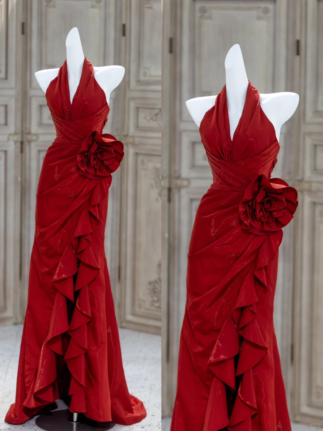 Hermoso vestido de sirena con cuello halter de satén rojo para cumpleaños número 23, vestido de fiesta, atuendos de cumpleaños para mujeres DP1873