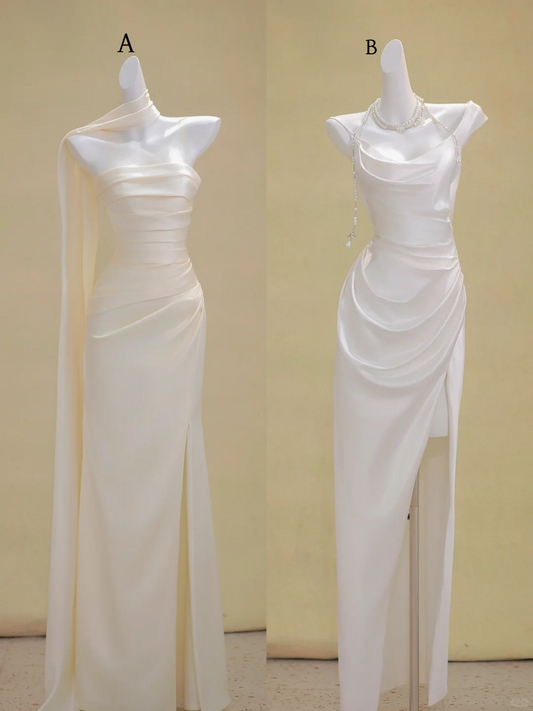 Vestido de novia único de sirena sin tirantes, de satén, largo, blanco, DP1875