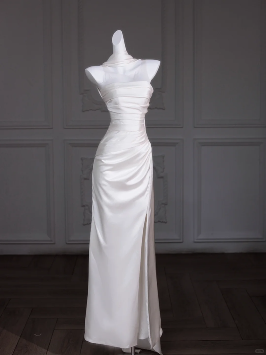 Vestido de novia único de sirena sin tirantes, de satén, largo, blanco, DP1875