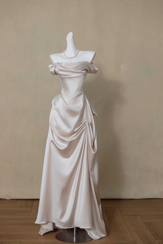 Hermoso vestido de novia de satén, corte A, hombros descubiertos, mangas cortas, largo, DP1876