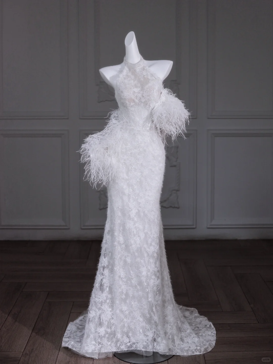 Vestido de novia único de sirena, cuello alto, encaje, largo, blanco, con plumas, DP1879