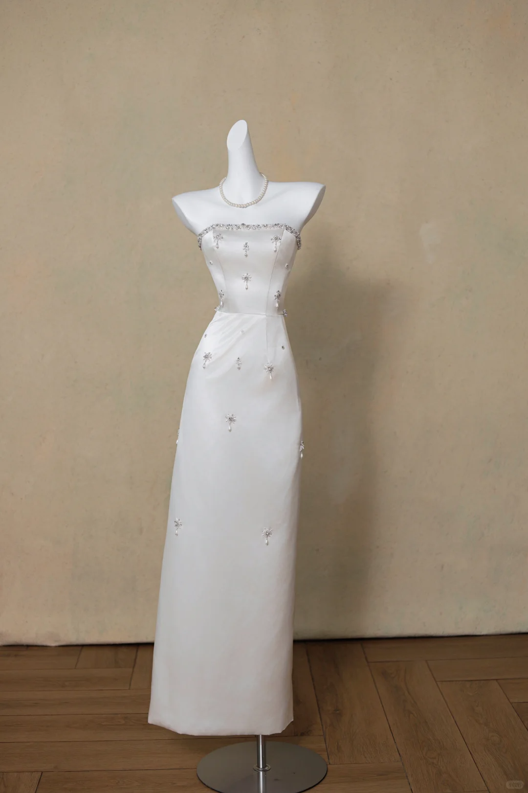 Vestido de novia modesto, sin tirantes, de satén y cuentas, largo, para verano, DP1960