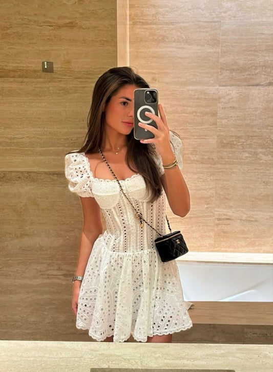 Vestido de fiesta de verano blanco con encaje cuadrado y corte en A, minivestido de cóctel para 18 cumpleaños, DP1908