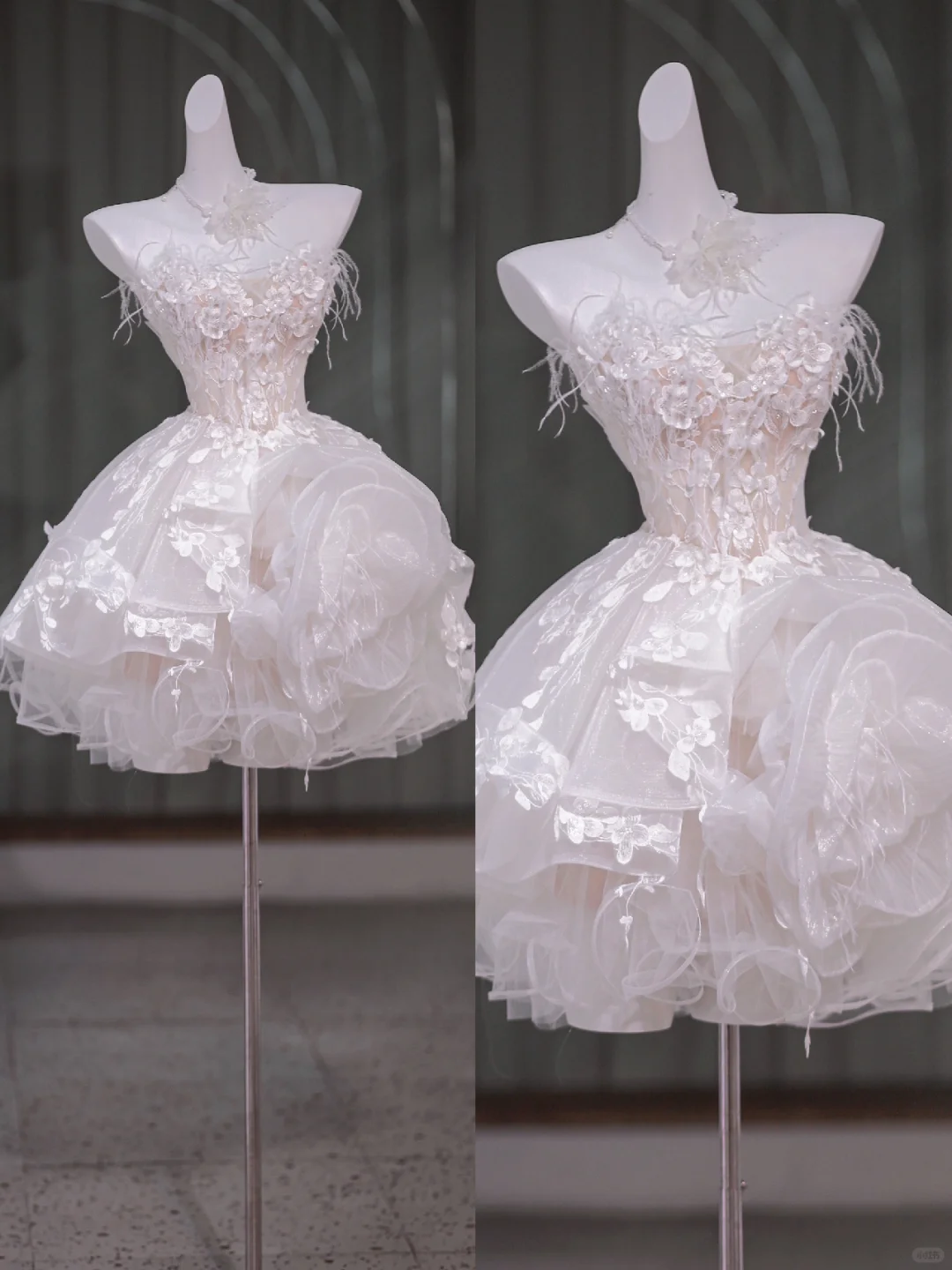Vestido de novia único, sin tirantes, de encaje, corto, blanco, con plumas, DP1949