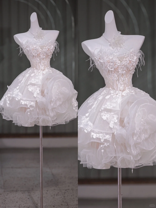 Vestido de novia único, sin tirantes, de encaje, corto, blanco, con plumas, DP1949