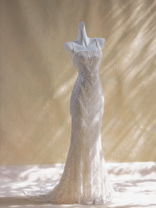 Vestido de novia sencillo, largo, blanco, con tirantes y lentejuelas, DP1952