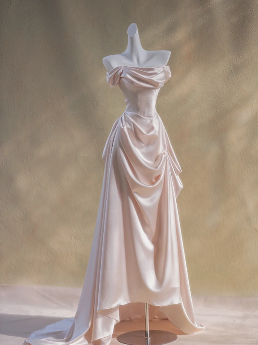 Vestidos de fiesta de satén rosa claro con hombros descubiertos y corte en A, vestidos formales de verano para invitadas de boda, trajes para invitadas de boda DP1969