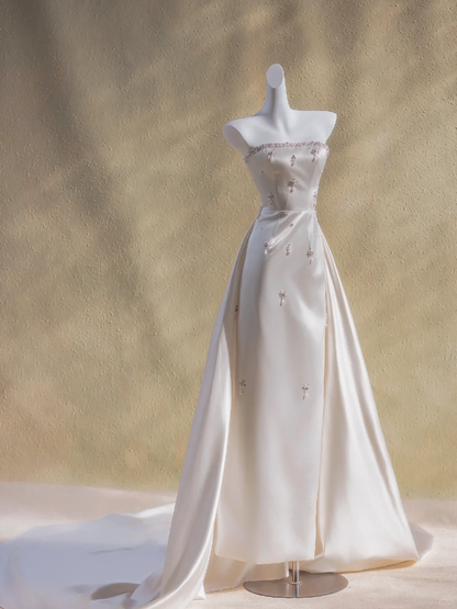 Vestido de novia modesto, sin tirantes, de satén y cuentas, largo, para verano, DP1960