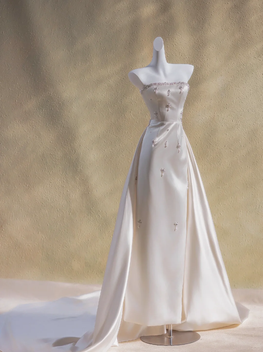 Vestido de novia sencillo, sin tirantes, de satén y cuentas, largo, para verano, DP1880