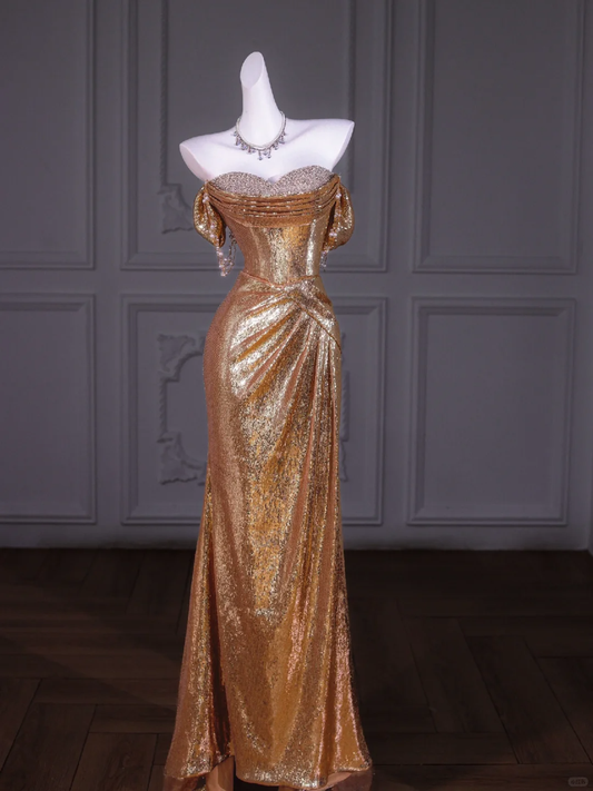Hermoso vestido de fiesta largo de sirena con hombros descubiertos y lentejuelas doradas, vestido de fiesta, vestidos de graduación DP1958