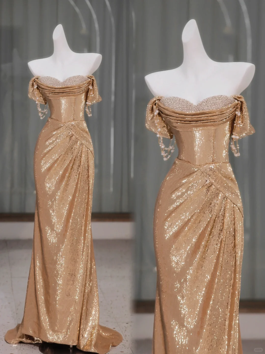 Hermoso vestido de fiesta largo de sirena con hombros descubiertos y lentejuelas doradas, vestido de fiesta, vestidos de graduación DP1958