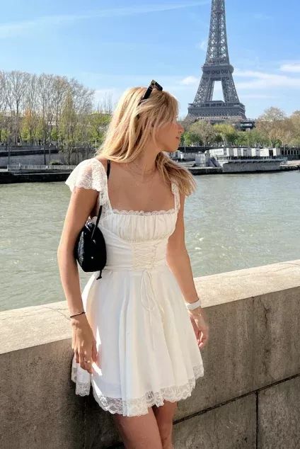 Vestido de cóctel blanco corto de encaje con escote cuadrado y corte en A, sencillo, para verano, con bufanda, DP1959