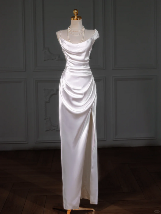Vestido de novia sencillo con tirantes finos, satén blanco, largo, DP1959